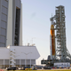 SLS leaving the Vehicle Assembly Building and moving slowly on its 10-hour, 28-minute trek to Launch Pad 39B at Kennedy Space Center in Florida.